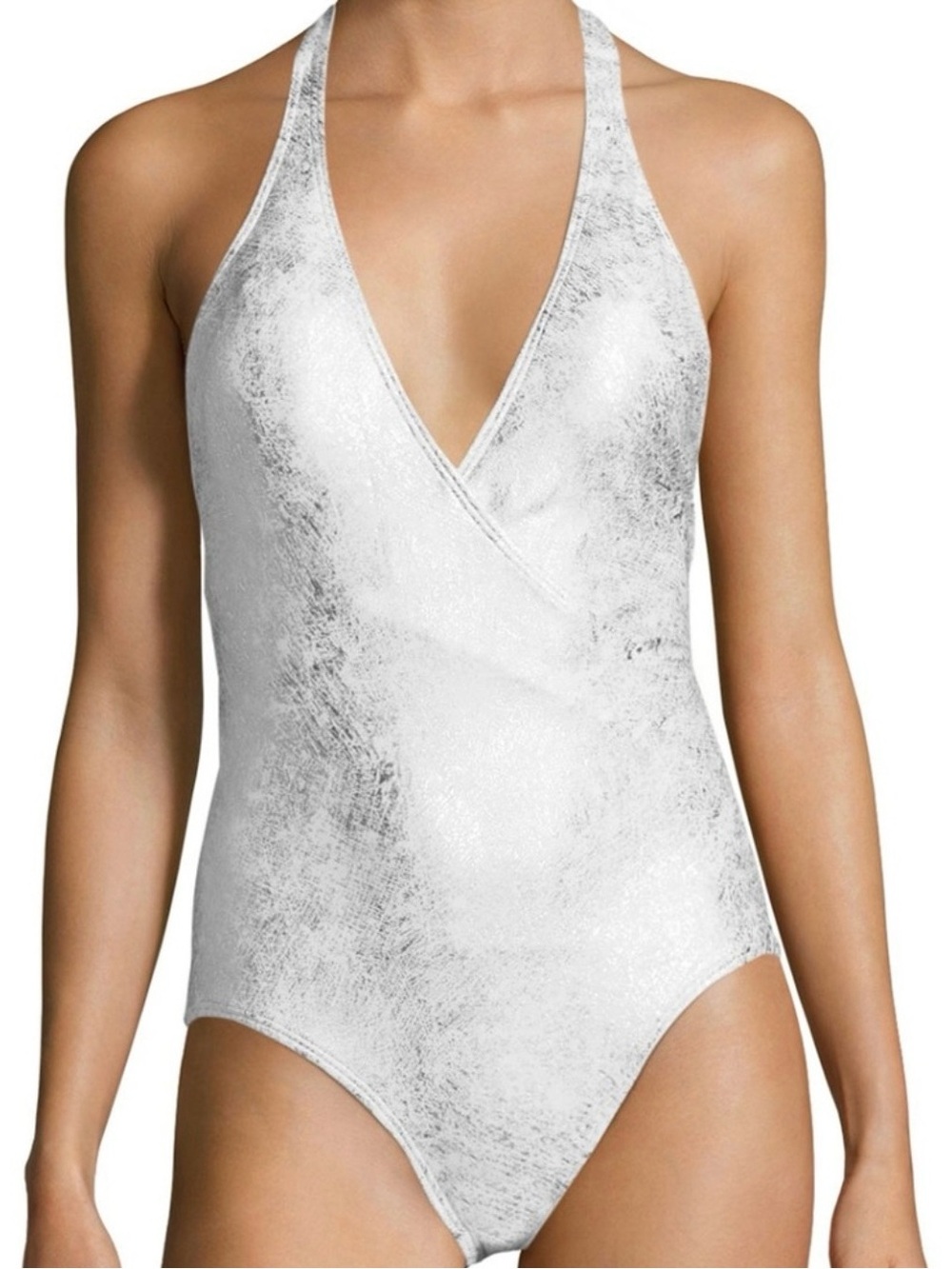 Carmen Marc Valvo Halter White & Silver One Piece‎ Swimsuit, Size 8